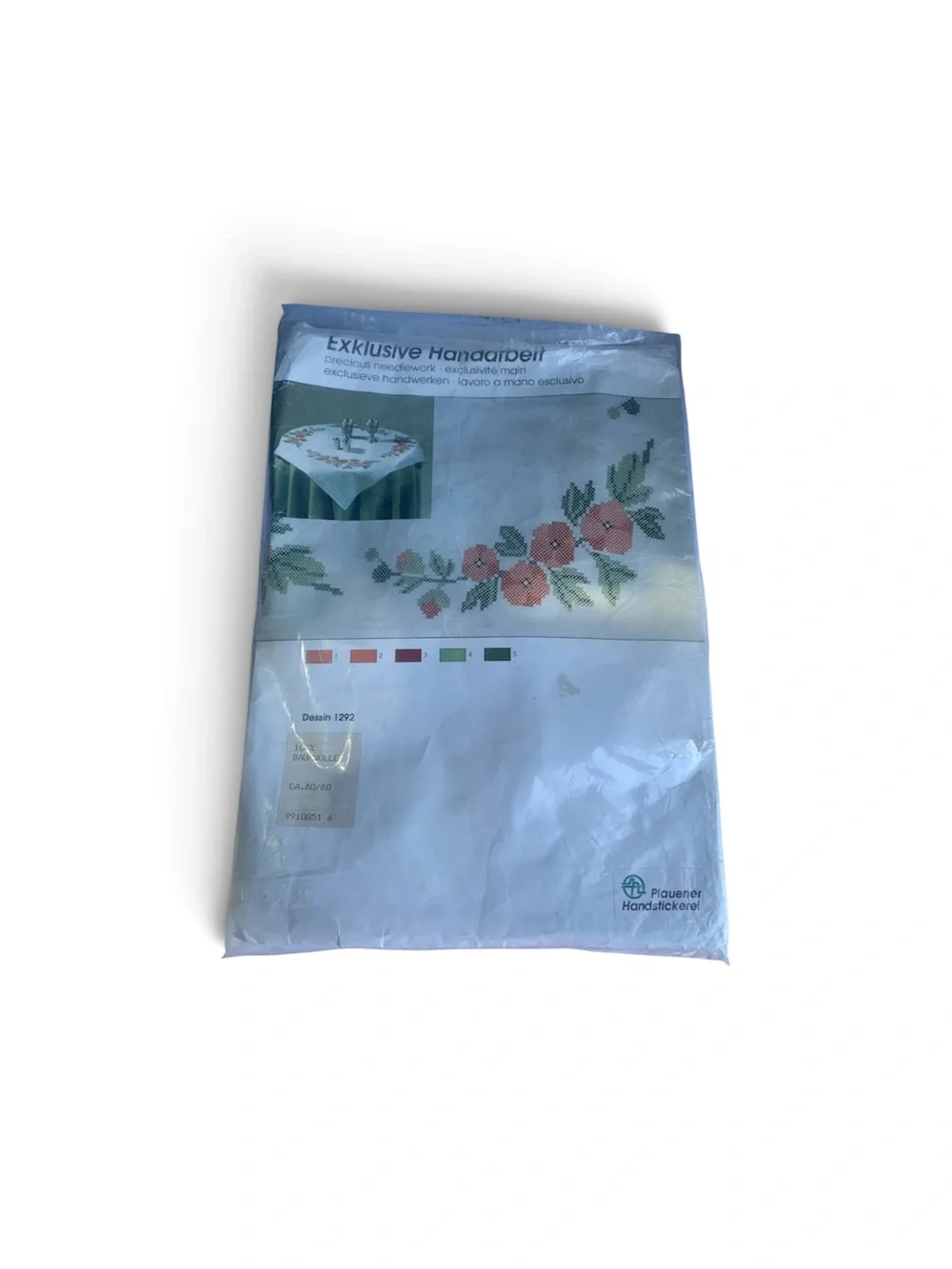 Vintage German Floral Needlework Kit Coral Flowers Table Cloth Plauener 80x80 cm